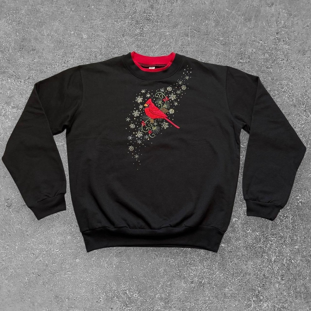Morning Sun Cardinal Christmas Sweatshirt Black Red Winter Bird Medium